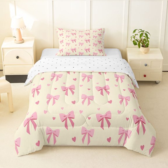 spefrowx Cute Pink Bow Heart Twin Comforter Sets for Girls, Cream Cartoon Theme Bedding Set, Reversible, 2pcs, 1 Comforter and 1 Pillowcase
