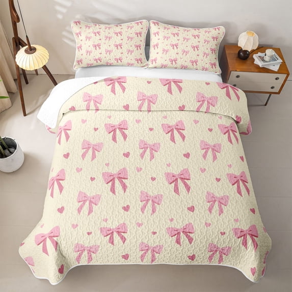 spefrowx Cute Pink Bow Heart Twin Quilt Set for Girls, Cream Cartoon Theme Twin Coverlet Set, 2pcs