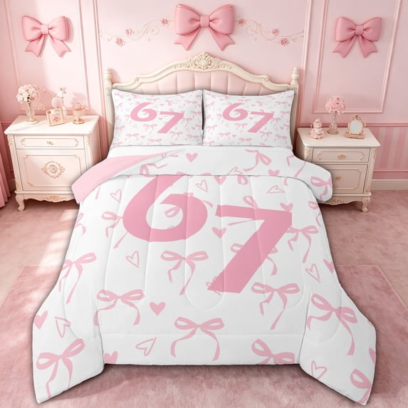 spefrowx Cute Pink Number 67 Queen Comforter Set for Girls, Princess Ribbon Love Heart Comforter Sets Queen, Pink Reversible, 3pcs, 1 Comforter and 2 Pillowcases