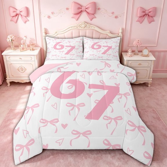 spefrowx Cute Pink Number 67 Queen Comforter Set for Girls, Princess Ribbon Love Heart Comforter Sets Queen, Pink Reversible, 3pcs, 1 Comforter and 2 Pillowcases