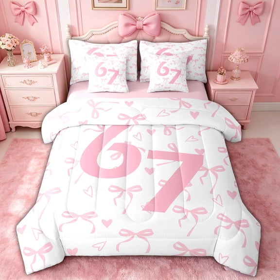 spefrowx Cute Pink Number 67 Twin Bedding for Girls, Princess Ribbon Love Heart Bedding Comforter Set, Pink Reversible, 7pcs