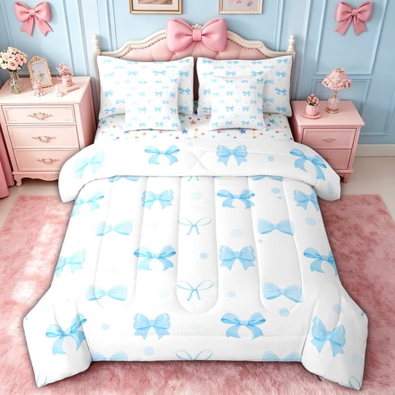 spefrowx Cute Polka Dot Bow King Bedding for Girls, Blue Cartoon Watercolor King Bed in a Bag, Stars Reversible, 7pcs
