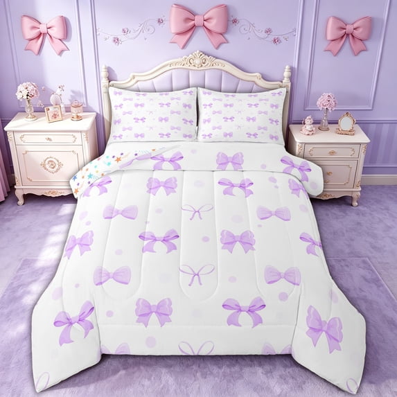 spefrowx Cute Polka Dot Bow Queen Comforter Set for Teens, Purple Cartoon Ribbon Comforter Sets Queen, Stars Reversible, 3-Piece, 1 Comforter and 2 Pillowcases