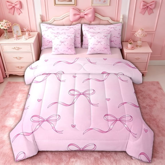 spefrowx Cute Princess Bowknot Queen Bedding, Pink Watercolor Sky Print Bedding Comforter Set Queen, Pink Reversible, 7pcs