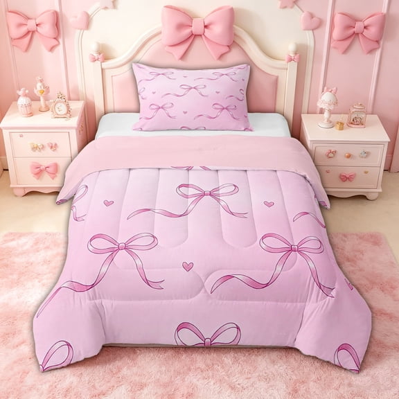 spefrowx Cute Princess Bowknot Twin Comforter Sets, Pink Watercolor Sky Print Bedding Set, Pink Reversible, 2pcs, 1 Comforter and 1 Pillowcase