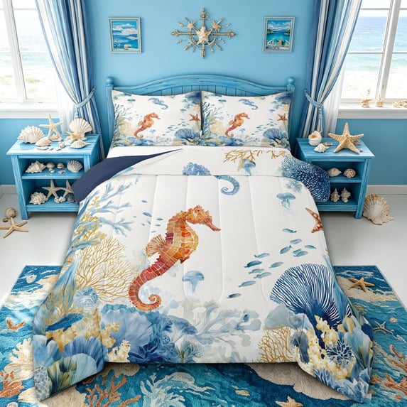spefrowx Cute Seahorse Animal Queen Comforter Set for Kids, Jellyfish Starfish Coral Comforter Sets Queen, Navy Reversible, 3 Pieces, 1 Comforter and 2 Pillowcases