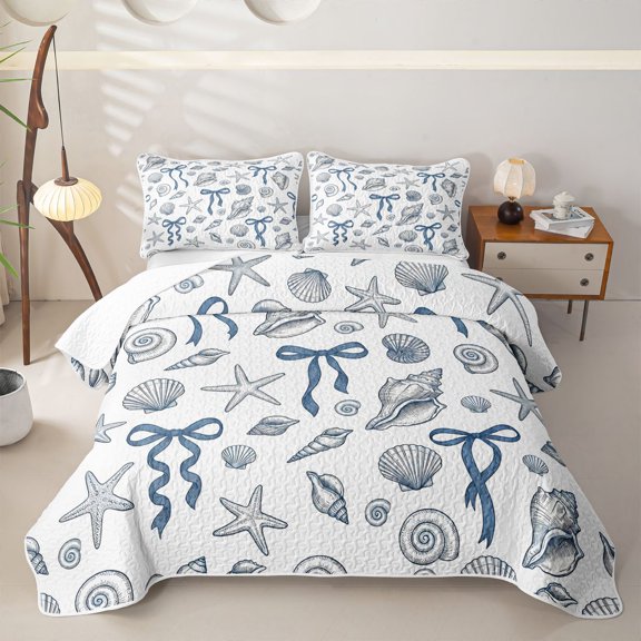 spefrowx Cute Seashell Bow Bed Spread Queen for Girls Boys, Blue Starfish Conch Nautical Queen Coverlet Set, 3pcs