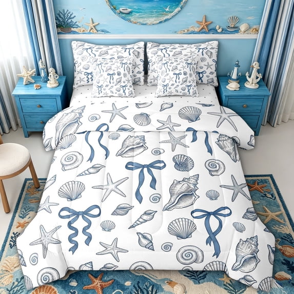 spefrowx Cute Seashell Bow Queen Bedding for Kids, Blue Starfish Conch Nautical Bedding Comforter Set Queen, Reversible, 7pcs
