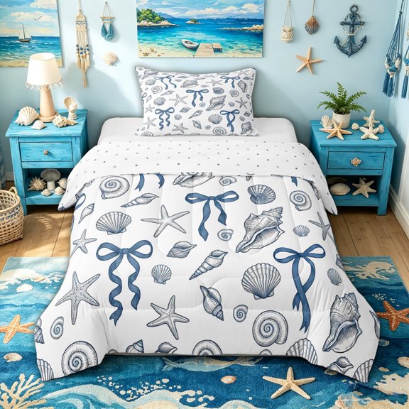 spefrowx Cute Seashell Bow Twin Comforter Sets for Kids, Blue Starfish Conch Nautical Bedding Set, Reversible, 2pcs, 1 Comforter and 1 Pillowcase