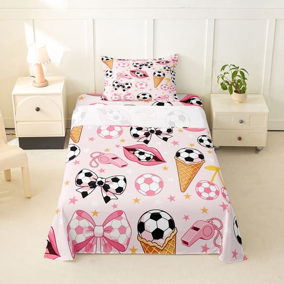 spefrowx Cute Soccer Bow Print Twin Sheets for Fans, Pink Ice Cream Waffle Bedding, 3 Pieces, 1 Flat Sheet, 1 Fitted Sheet and 1 Pillowcase