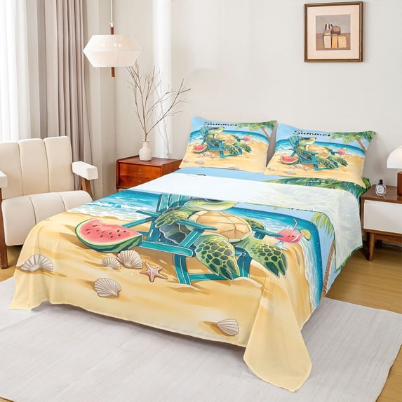 spefrowx Cute Vacation Turtle Bed Sheets for Kids, Coastal Watermelon Cocktail Full Size Sheets, 4-Piece, 1 Flat Sheet, 1 Fitted Sheet and 2 Pillowcases