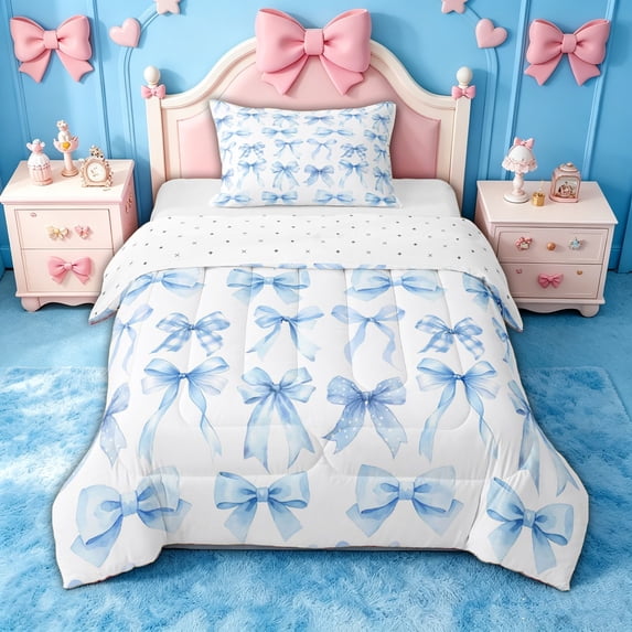 spefrowx Cute Watercolor Bow Twin Comforter Sets for Girls, Blue Plaid Ribbon Bedding Set, Reversible, 2pcs, 1 Comforter and 1 Pillowcase