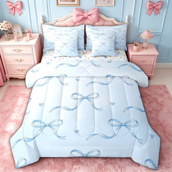 spefrowx Cute Watercolor Bowknot Twin Bedding, Blue Lovely Heart Print Bedding Comforter Set, Stars Reversible, 7 Pieces