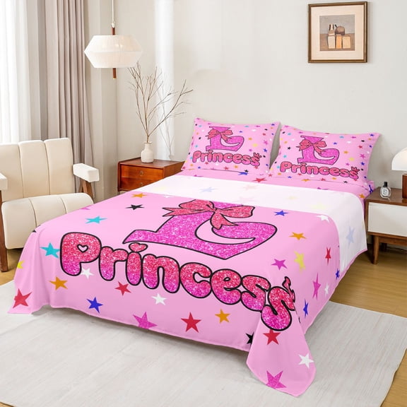 spefrowx Dreamy Princess L Letter Bed Sheets for Kids, Kawaii Cartoon Stars Bow Full Size Sheets, 4-Piece, 1 Flat Sheet, 1 Fitted Sheet and 2 Pillowcases