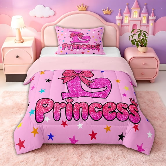 spefrowx Dreamy Princess L Letter Twin Comforter Sets for Kids, Kawaii Cartoon Stars Bow Bedding Set, Pink Reversible, 2-Piece, 1 Comforter and 1 Pillowcase