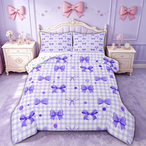 spefrowx Dreamy Purple Bow Gingham Full Size Comforter Sets for Teens, Cartoon Checkered Dot Bedding Comforter Set, Stars Reversible, 3 Pieces, 1 Comforter and 2 Pillowcases