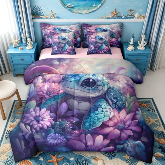 spefrowx Dreamy Sea Turtle Twin Bedding for Kids, Lavender Floral Underwater Animal Bedding Comforter Set, Pink Reversible, 7-Piece