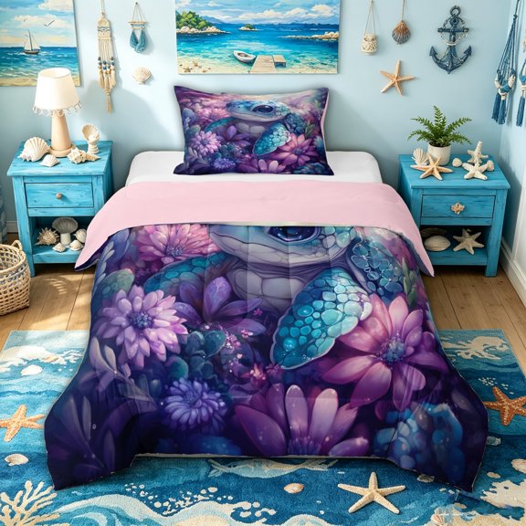 spefrowx Dreamy Sea Turtle Twin Comforter Sets for Kids, Lavender Floral Underwater Animal Bedding Set, Pink Reversible, 2-Piece, 1 Comforter and 1 Pillowcase