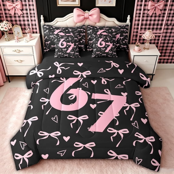 spefrowx Fashion Number 67 Print Queen Bedding for Teens, Black Pink Bow Bedding Comforter Set Queen, Black Reversible, 7pcs