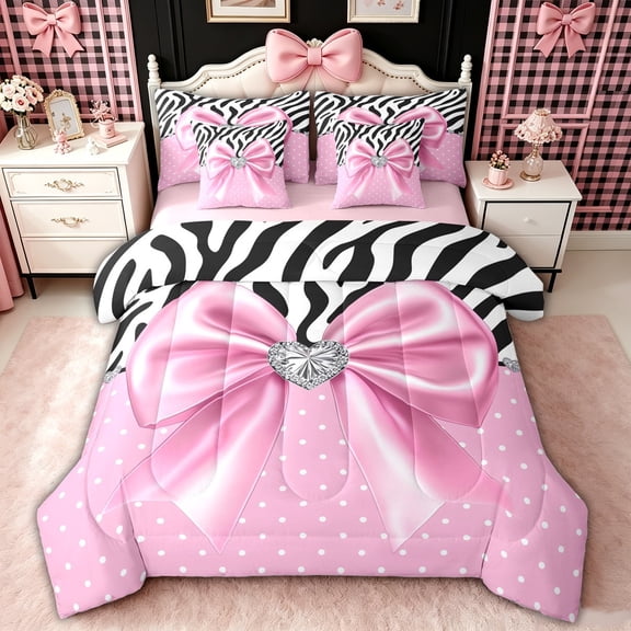 spefrowx Fashion Pink Bow Twin Bedding for Kids, Zebra Print Polka Dot Bedding Comforter Set, Pink Reversible, 7 Pieces