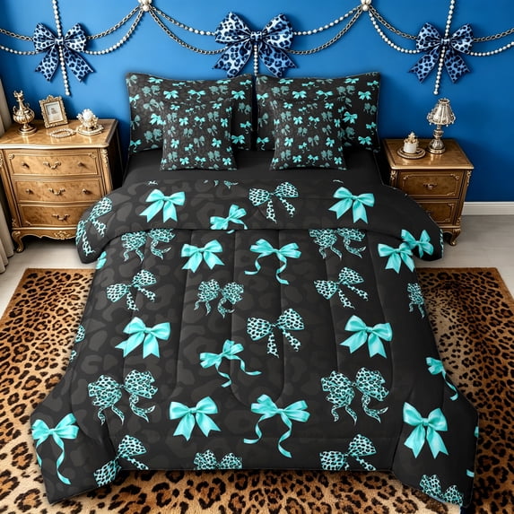 spefrowx Fashion Polkadot Bow King Bedding for Kids, Turquoise Leopard Print King Bed in a Bag, Black Reversible, 7 Pieces