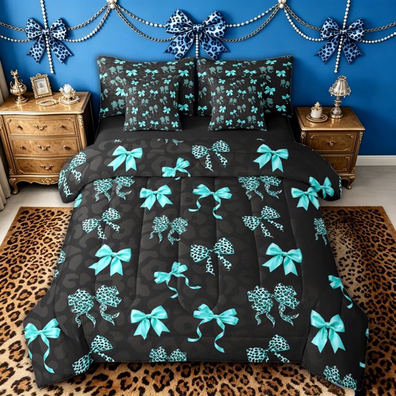 spefrowx Fashion Polkadot Bow Twin Bedding for Kids, Turquoise Leopard Print Bedding Comforter Set, Black Reversible, 7 Pieces