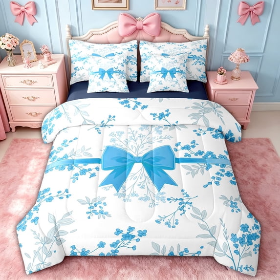 spefrowx Floral Blue Bow Queen Bedding for Girls, Spring Flower Plant Bedding Comforter Set Queen, Navy Reversible, 7 Pieces