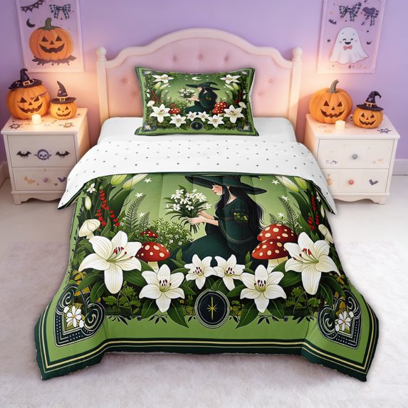 spefrowx Folk Green Lily Witch Twin Comforter Sets for Women, Moss Mushroom Star Print Bedding Set, Reversible, 2 Pieces, 1 Comforter and 1 Pillowcase