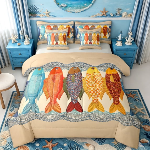 spefrowx Folk Koi Carp Twin Bedding for Kids, Shipping Marine Life Animals Bedding Comforter Set, Gray Reversible, 7 Pieces