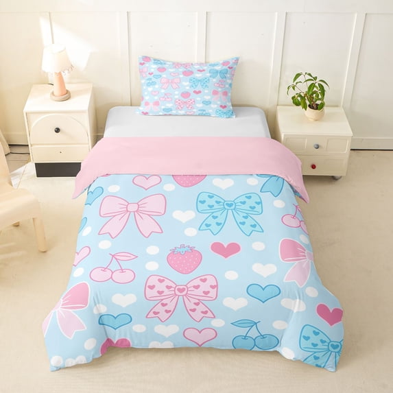 spefrowx Fruit Love Heart Bow Twin Duvet Cover for Girls, Blue Pink Cherry Strawberry Twin Bedding, Pink Reversible, 2pcs, 1 Duvet Cover and 1 Pillowcase