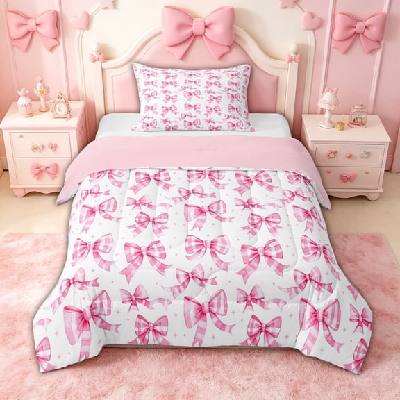 spefrowx Gingham Bow Twin Comforter Sets for Girls, Pink Watercolor Ribbon Bedding Set, Pink Reversible, 2pcs, 1 Comforter and 1 Pillowcase