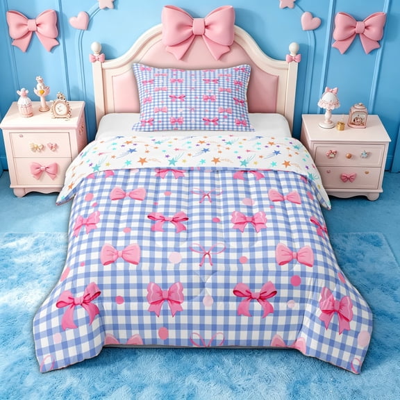 spefrowx Gingham Check Bow Twin Comforter Sets for Kids, Pink Blue Plaid Patchwork Bedding Set, Stars Reversible, 2 Pieces, 1 Comforter and 1 Pillowcase