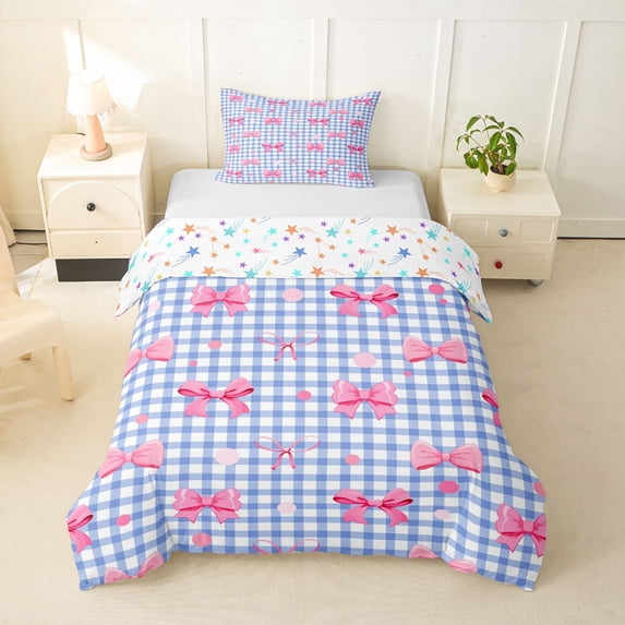 spefrowx Gingham Check Bow Twin Duvet Cover for Kids, Pink Blue Plaid Patchwork Twin Bedding, Stars Reversible, 2 Pieces, 1 Duvet Cover and 1 Pillowcase