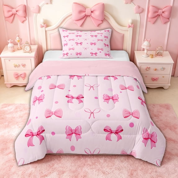 spefrowx Girly Pink Bow Print Twin Comforter Sets for Teens, Kawaii Polka Dot Bedding Set, Pink Reversible, 2 Pieces, 1 Comforter and 1 Pillowcase