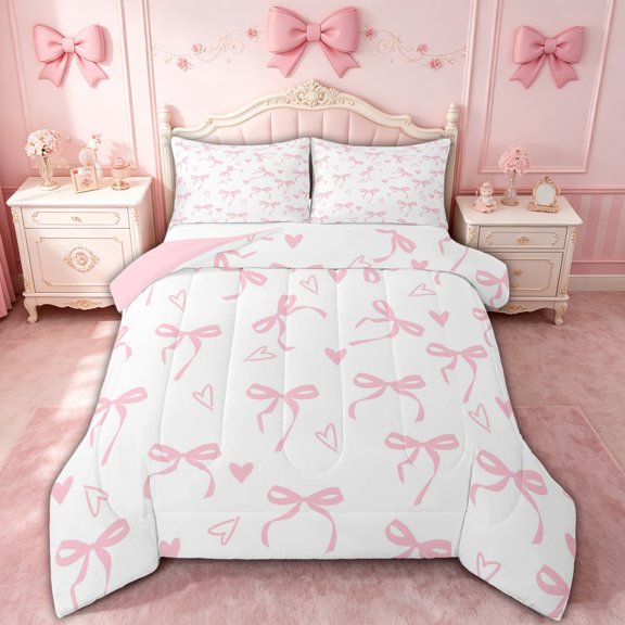 spefrowx Girly Pink Bow Queen Comforter Set, Cartoon Love Heart Print Comforter Sets Queen, Pink Reversible, 3 Pieces, 1 Comforter and 2 Pillowcases