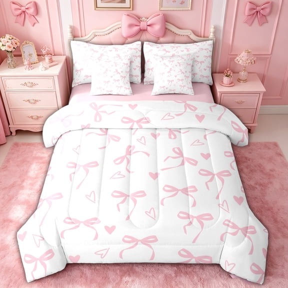 spefrowx Girly Pink Bow Twin Bedding, Cartoon Love Heart Print Bedding Comforter Set, Pink Reversible, 7 Pieces