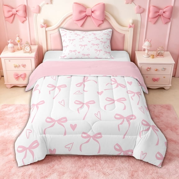 spefrowx Girly Pink Bow Twin Comforter Sets for Girls, Cartoon Love Heart Print Bedding Set, Pink Reversible, 2 Pieces, 1 Comforter and 1 Pillowcase