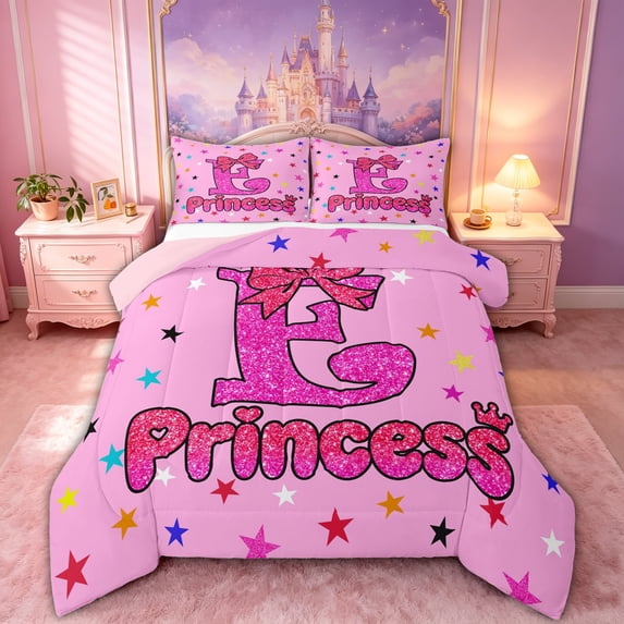 spefrowx Girly Pink Letter E Queen Comforter Set for Kids Girls, Kawaii Princess Bow Comforter Sets Queen, Pink Reversible, 3 Pieces, 1 Comforter and 2 Pillowcases