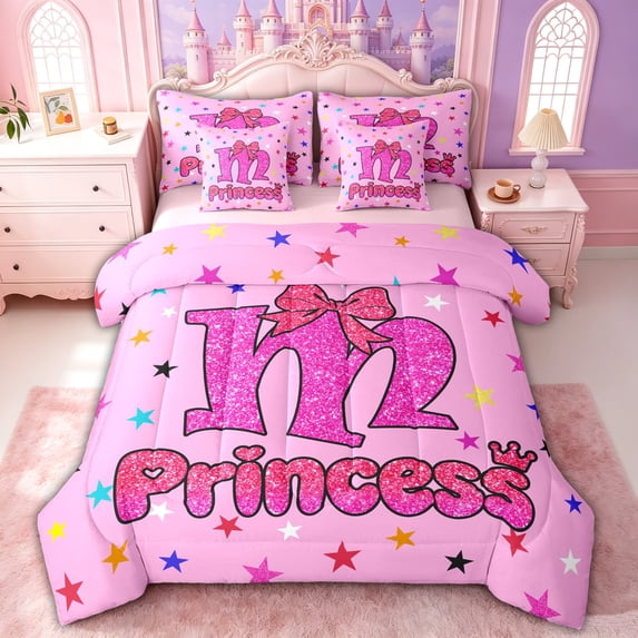 spefrowx Girly Pink Letter M Queen Bedding for Kids Girls, Kawaii Princess Bow Bedding Comforter Set Queen, Pink Reversible, 7pcs