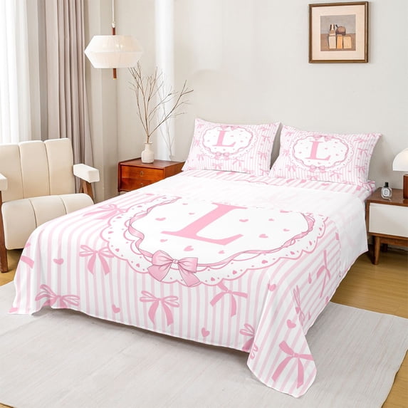 spefrowx Girly Pink Monogram L Queen Sheets for Kids, Kawaii Bowknot Stripe Love Heart Queen Sheet Sets, 4 Pieces, 1 Flat Sheet, 1 Fitted Sheet and 2 Pillowcases