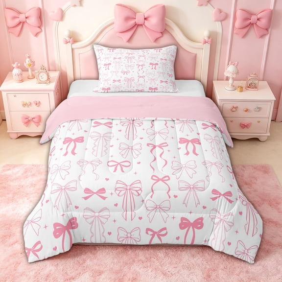 spefrowx Girly Pink Multi Bowknot Twin Comforter Sets for Kids, Cute Love Heart Star Bedding Set, Pink Reversible, 2 Pieces, 1 Comforter and 1 Pillowcase
