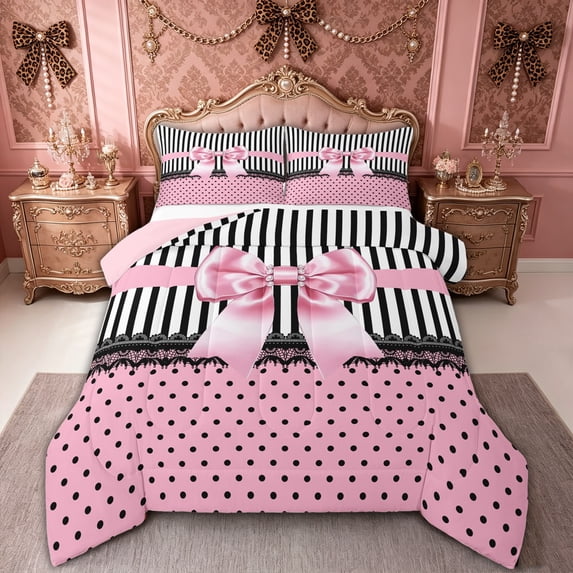spefrowx Glam Style Pink Bow Queen Comforter Set for Kids Girls, Black Stripe Polka Dot Comforter Sets Queen, Pink Reversible, 3 Pieces, 1 Comforter and 2 Pillowcases