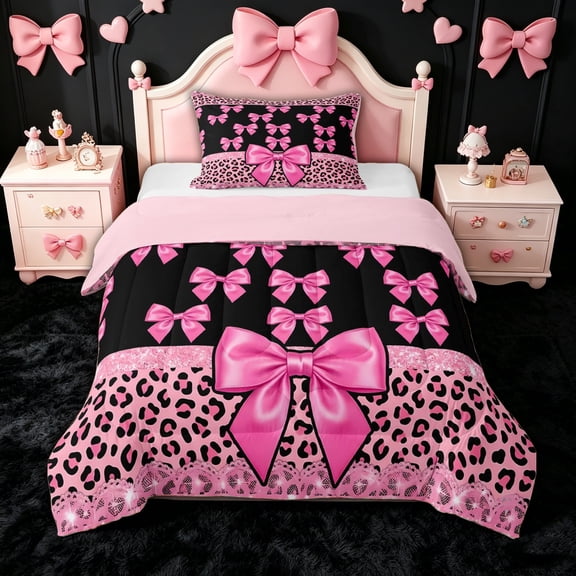spefrowx Glitter Cheetah Print Bow Twin Comforter Sets for Teens, Pink Princess Ribbon Bedding Set, Pink Reversible, 2pcs, 1 Comforter and 1 Pillowcase