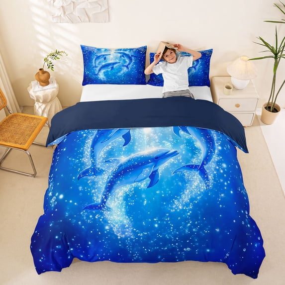 spefrowx Glitter Fantasy Dolphin Duvet Cover Queen for Adults, Dreamy Blue Underwater Bubble Queen Bedding, Navy Reversible, 3pcs, 1 Duvet Cover and 2 Pillowcases