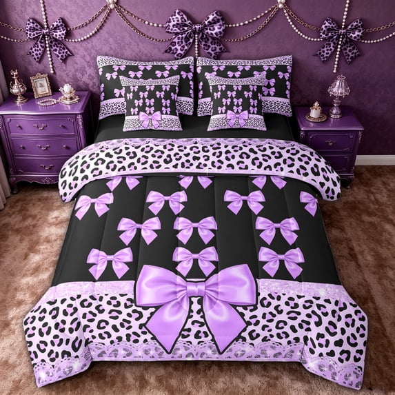 spefrowx Glitter Leopard Print Bow Full Size Bedding Sets for Teens, Purple Princess Ribbon Full Size Bed in a Bag, Black Reversible, 7pcs