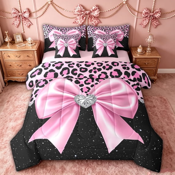 spefrowx Glitter Leopard Print Pink Bow King Bedding for Girls, Black Starry Gem Heart King Bed in a Bag, Pink Reversible, 7pcs