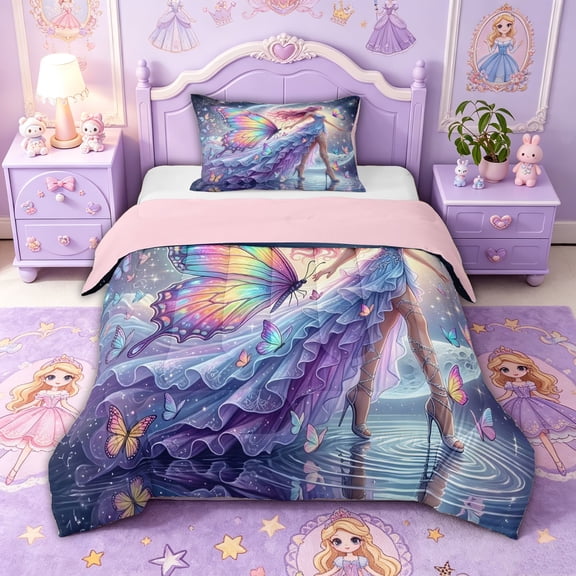 spefrowx Glitter Moon Fairy Twin Comforter Sets for Girls, Sparkle Rainbow Butterfly Starry Sky Bedding Set, Pink Reversible, 2-Piece, 1 Comforter and 1 Pillowcase