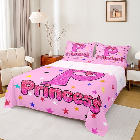 spefrowx Glitter Princess Letter P Print Bed Sheets for Girls, Pink Star Bow Full Size Sheets, 4 Pieces, 1 Flat Sheet, 1 Fitted Sheet and 2 Pillowcases