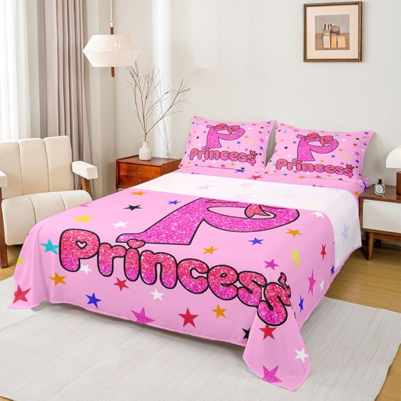 spefrowx Glitter Princess Letter P Print Bed Sheets for Girls, Pink Star Bow Full Size Sheets, 4 Pieces, 1 Flat Sheet, 1 Fitted Sheet and 2 Pillowcases