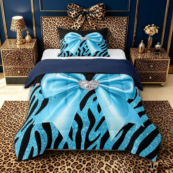 spefrowx Glitter Zebra Blue Bow Print Twin Comforter Sets for Teens, Black Starry Gem Heart Bedding Set, Navy Reversible, 2pcs, 1 Comforter and 1 Pillowcase